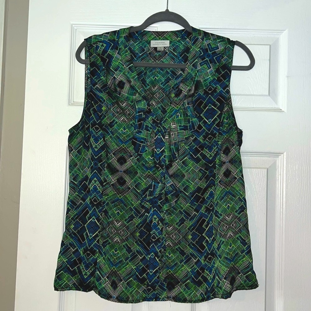 Tahari multi color sleeveless shell with ruffle detail